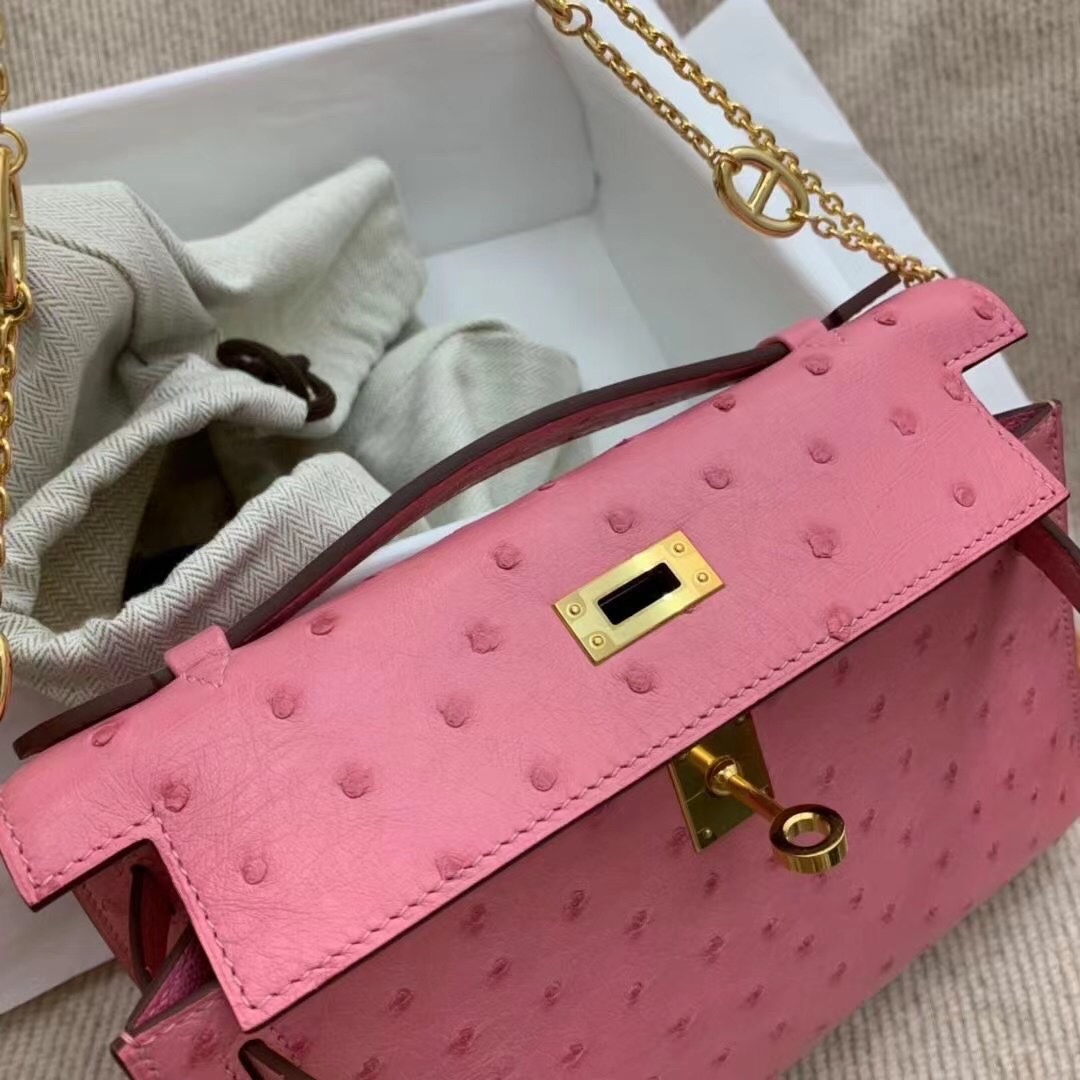 에르메스 미니 켈리백22 사쿠라 핑크 금장 타조가죽